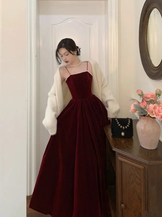 Spaghetti Straps Burgundy Velvet Prom Dress Simple Prom Dress Party Dress C2320 Tunics Chinos classic