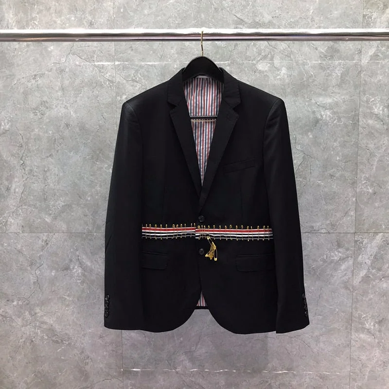TB THOM Male Suit Autunm Winter Brand Man Jacket Calssic Solid Blazer RWB Belt With Pin Casual Formal  TB Suit Faux Fur Fabric Real Fur Fabric Shearling Fabric