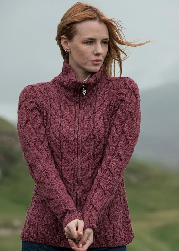 Aran Full Zip Cardigan | Raspberry Anti-Pilling Anti-Shrink Durable