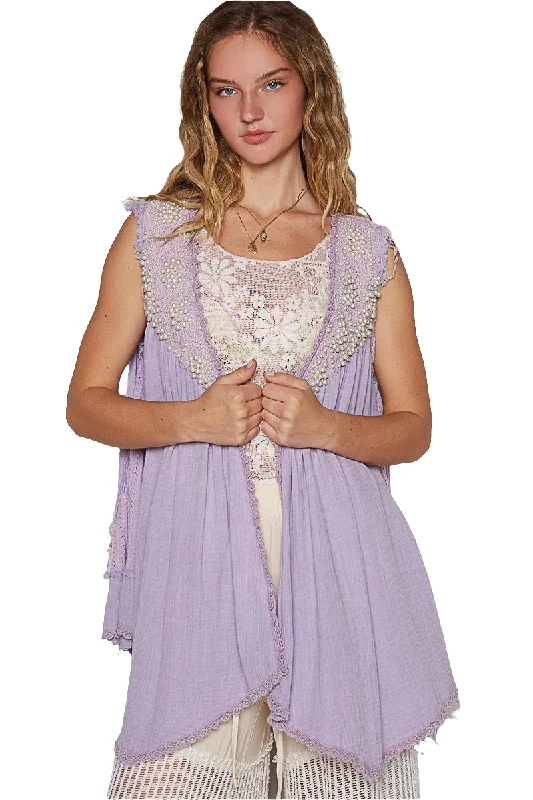 POL Lace Pearl Embroidered Patchwork Boho Vest Gauze Raw Hem Sleeveless Cardigan Lavender Purple Collared Crew Neck Turtle Neck