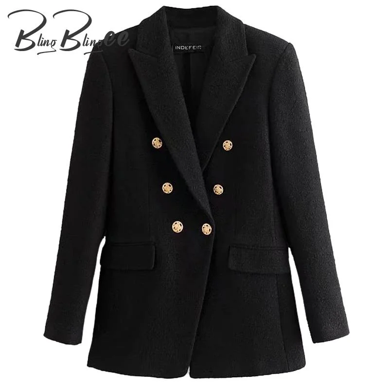 BlingBlingee   2023 Autumn Winter Woman Traf Coats OL Style Slim Blazers Ornate Buttons Female Casual Tweed Woolen Long Jacket Faux Fur Jacket Real Fur Jacket Shearling Jacket