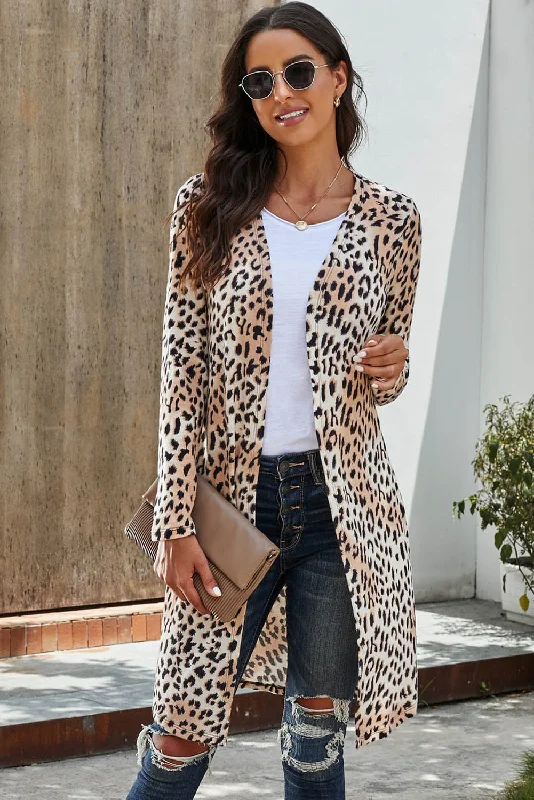 Double Take Printed Open Front Longline Cardigan Fleece Cardigan Nylon Polyester