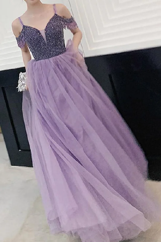 Elegant Cold Shoulder Beaded Lavender Long Prom/Party Dress PSK182 Tunics Trousers formal