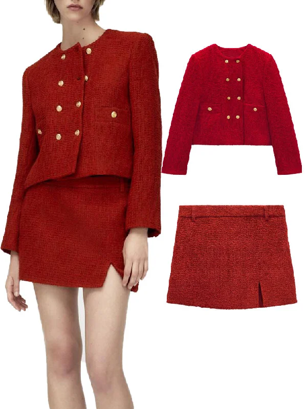 autumn ladies all-match casual texture double-breasted suit jacket and high-waist texture skirt office professional wear Rayon Fabric Velvet Fabric Corduroy Fabric