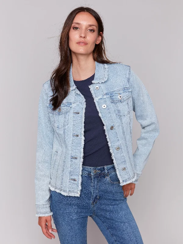 Frayed Edge Stretch Denim Jacket - Bleach Blue Jersey Jacket Tulle Jacket Batik Jacket Frayed Edge Stretch Denim Jacket - Bleach Blue Jersey Jacket Tulle Jacket Batik Jacket