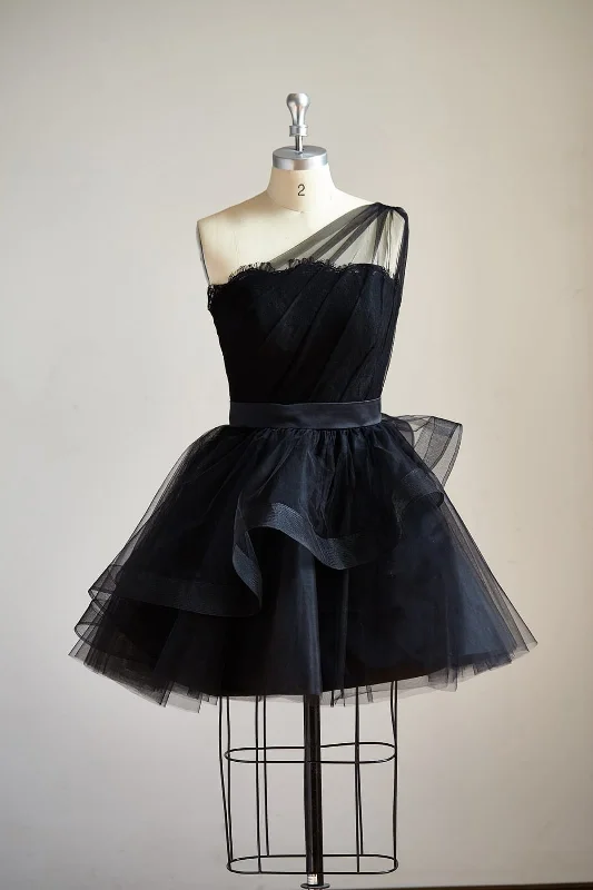 One Shoulder Black Lace Tulle Short Knee Prom Dress Cocktail Party Dress Tunics Corduroy durable