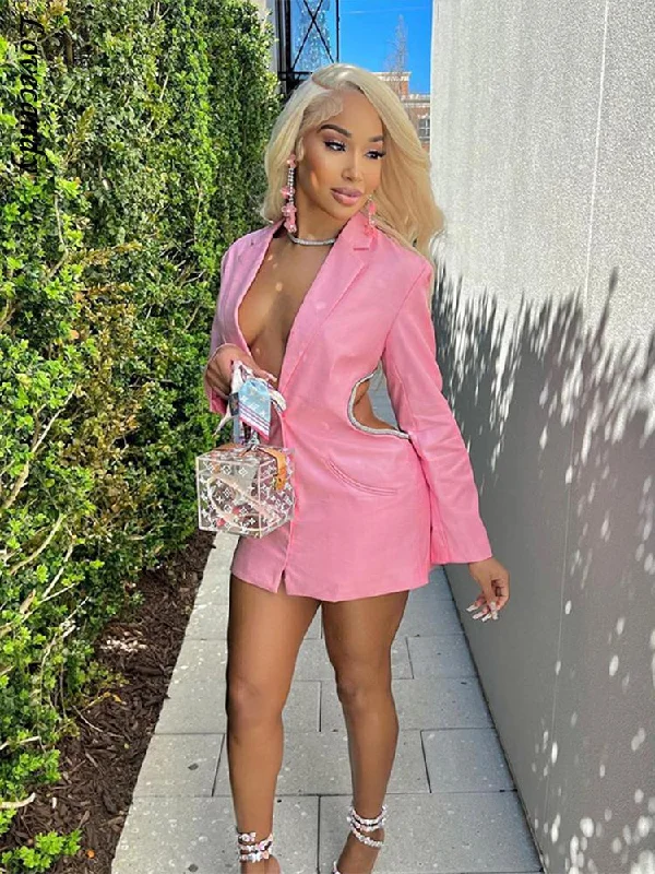 Lady Pink Backless Big V Neck Sexy Coat Blazer Woman Casual Daily Suit Female Autumn Sexy Button Up Jackets Outwear Hooded Jacket Caped Jacket Shawl Collar Jacket