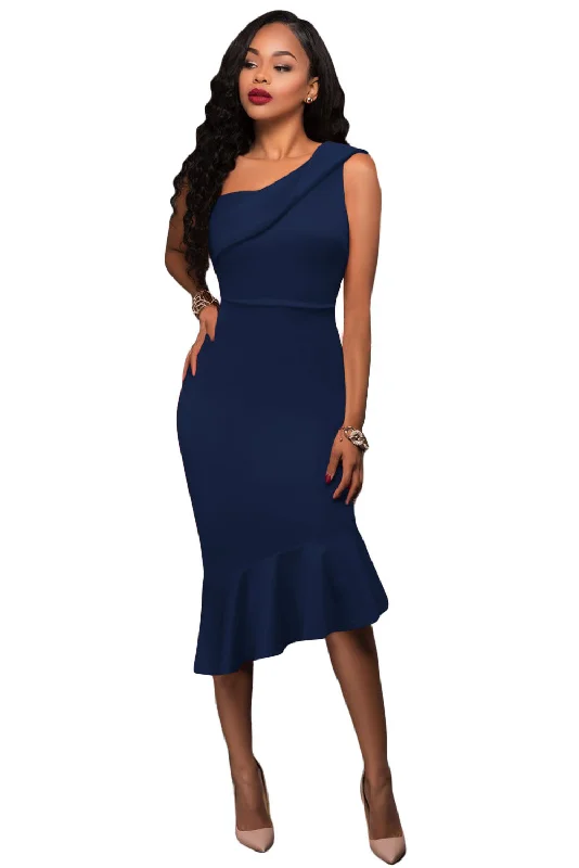 Sexy Royal Blue Single Shoulder Ruffle Party Dress Tunics Satin smooth