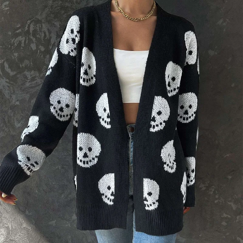 Chic Halloween Skull Jacquard Cardigan Thin Thick Dense