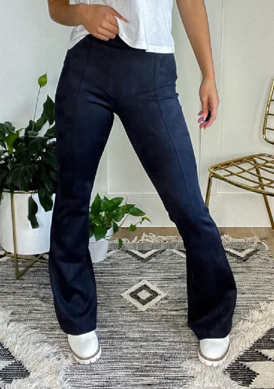 Faux Suede Flare Pants Petite Navy Comfy Zip-Up Pants