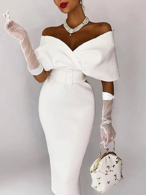 Sheath / Column Elegant bodycon Party Wear Cocktail Party Dress Off Shoulder Sleeveless Tea Length Stretch Fabric with Sash / Ribbon A-Line Day Work