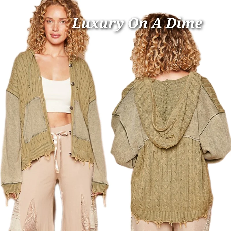 POL Hoodie Cardigan Distressed Torn Cable Knit Long Sleeve Collar Button-Up Jacket Thin Thick Dense