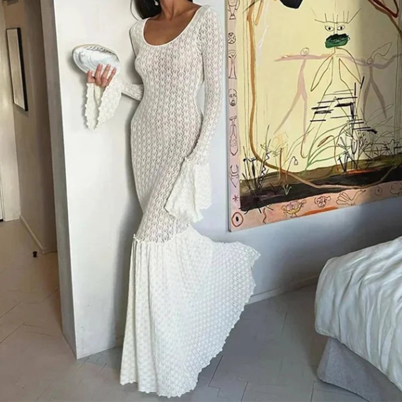 Cinessd Show Style U-Neck Bodycon Mermaid Party Dress 2024 Elegant Stitch Hollow Out Evening Dress Women Long Sleeve Embroidery Dress Tunics Sophisticated sleek