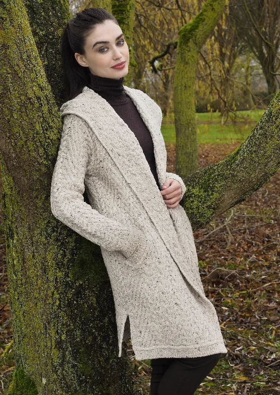 Shawl Hooded Aran Cardigan | Oatmeal Cotton Fabric Linen Fabric Terry Fabric