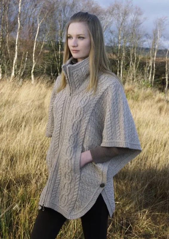Aran Crafts Funnel Neck Cardigan | Oatmeal Chenille Brocade Lace