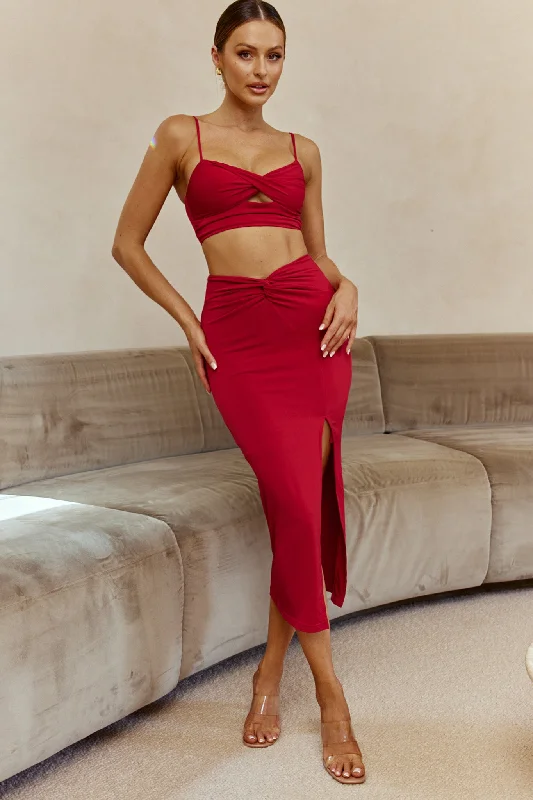 One Night Only Twist Waist Split Midi Skirt Wine lightweight skirt design
