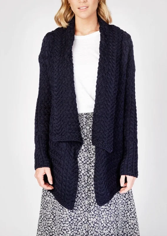 IrelandsEye Women's Waterfall Aran Cardigan | Navy Ribbed Striped Patterned