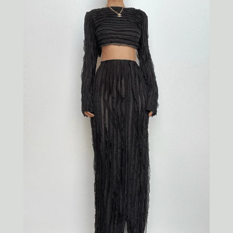 BerryBetty - Textured self tie solid backless ruffle maxi skirt set cashmere skirt soft
