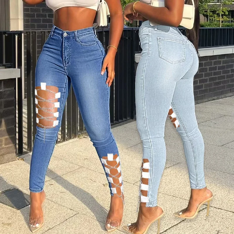 J&H 2023 new arrivals chain cross striped hollow out jeans women fashion denim trousers slim fit sexy high waist pants Trendy Printed Pants