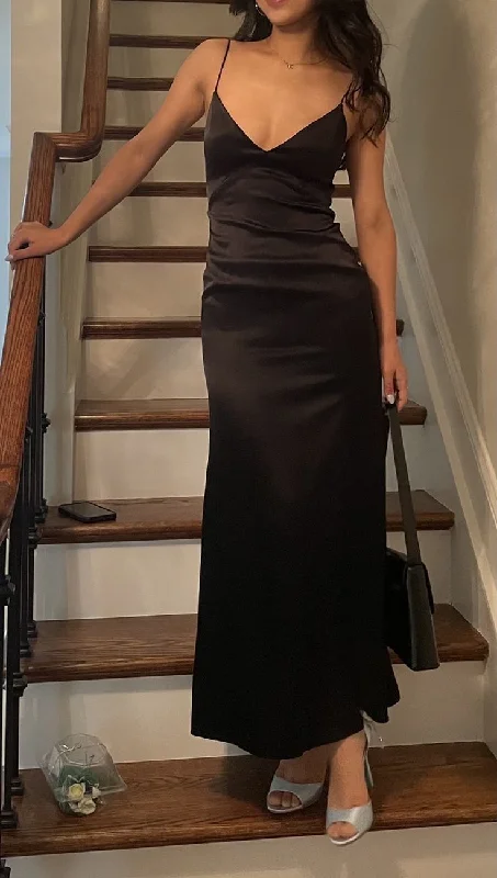 Black V neck Spaghetti Straps Long Satin Evening Party Dress, DP2988 Tunics Versatile functional