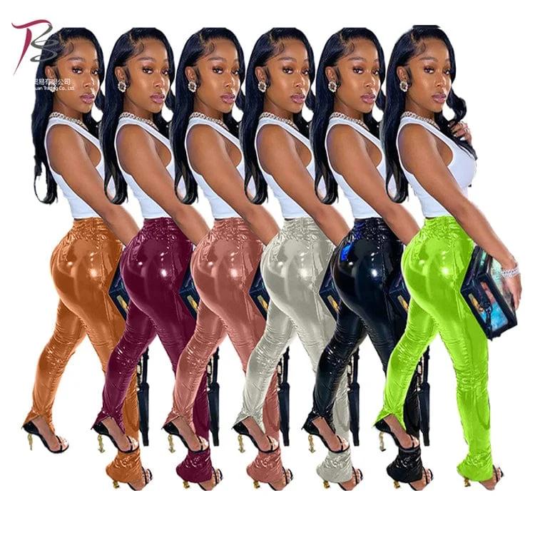 Winter slit fashionable multi - color leather trousers for women leather pants women Comfy Zip-Up Pants