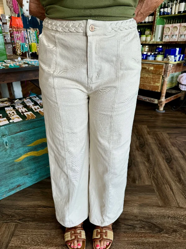 Cream Braided Pants Trendy Wide-Legged Trousers