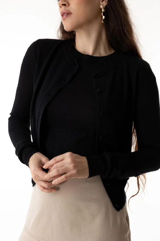 LONG SLEEVE BUTTON CARDIGAN - BLACK Mesh Cardigan Canvas Denim
