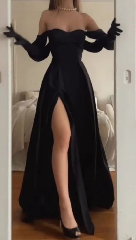 Elegant Black Off Shoulder A-Line Long Party Dress with Slit, DP2712 Pencil Length Work