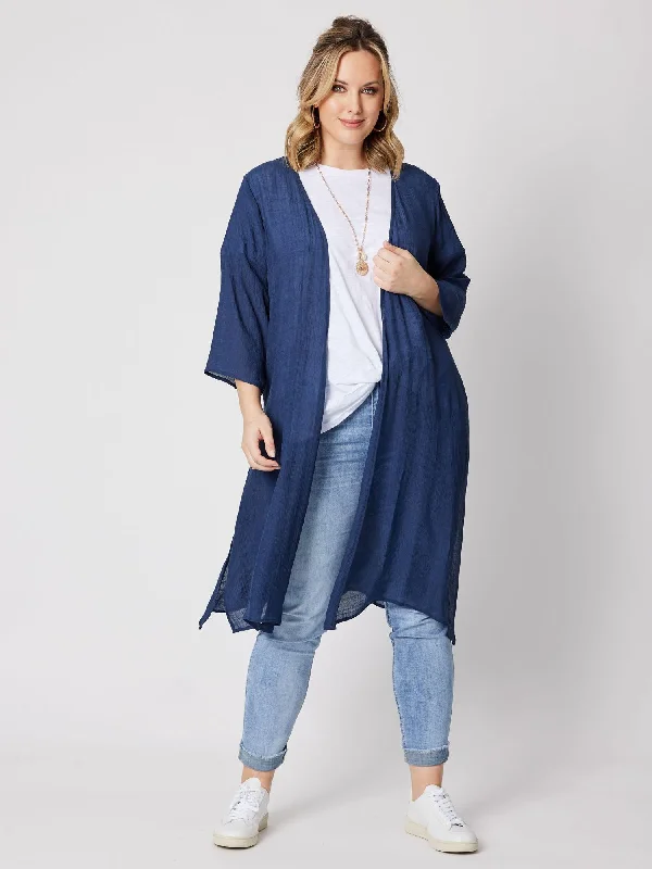 Longline Crinkle Viscose Cardigan - Midnight Terry Blend Velvet Blend Canvas Blend