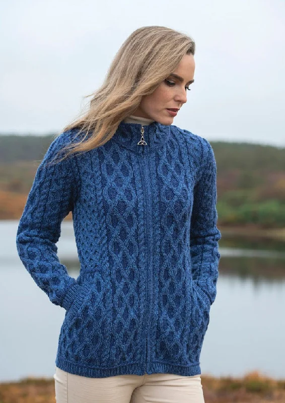 Aran Crafts Yeats Plated Zip Cardigan | Blue Satin Blend Silk Blend Wool Blend