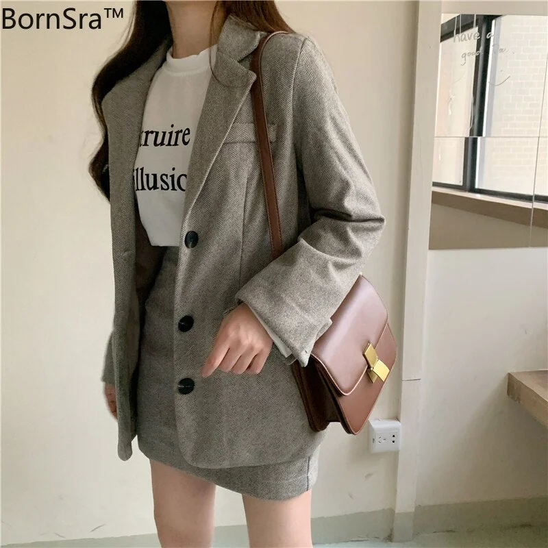 BornSra Chic Two-pieces Set Women Skirt Suit Loose Jacket & Pencil Skirt Casual Female Blazer Sets Women Blazer suit 2022 Summer Lace Jacket Ribbed Jacket Sequined Jacket
