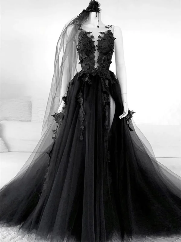 Black Appliques Backless Tulle Long Prom Dress Formal Party Dress with Slit,DP1019 Tunics Luxurious high-end