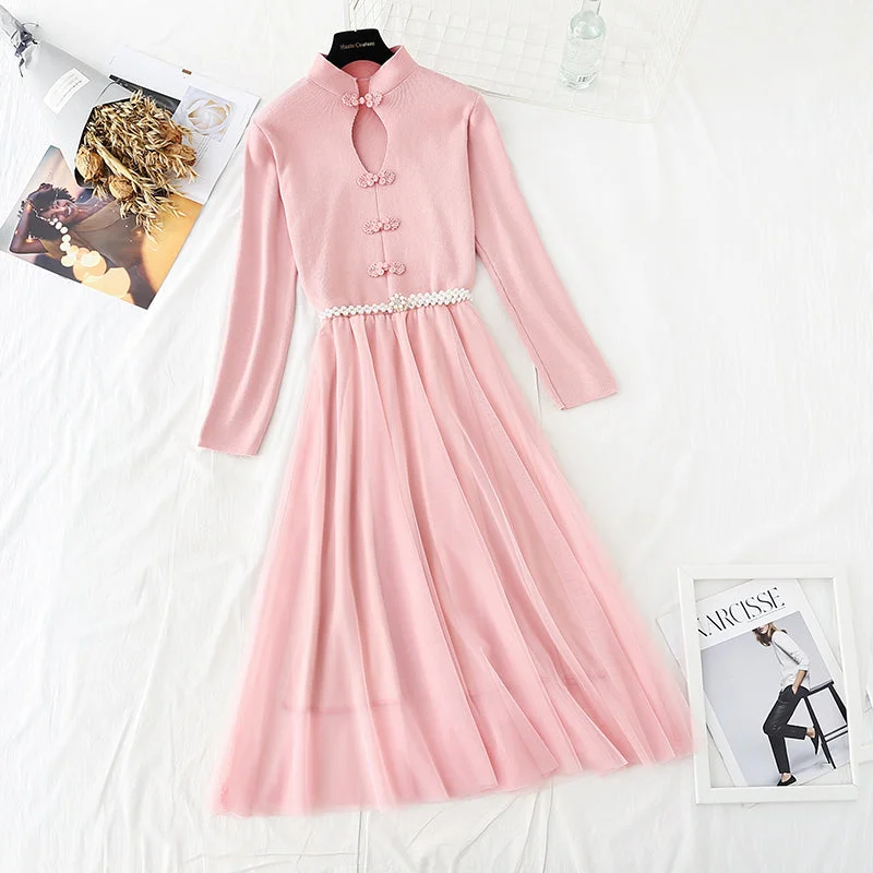Chinese style retro disc mesh stitched fairy bottomed knee length skirt  3937 velvet skirt plush