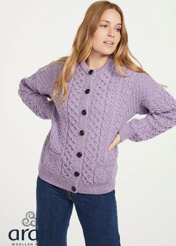 Achill Island Ladies Aran Cardigan | Lavender Machine Wash Dry Clean Hand Wash