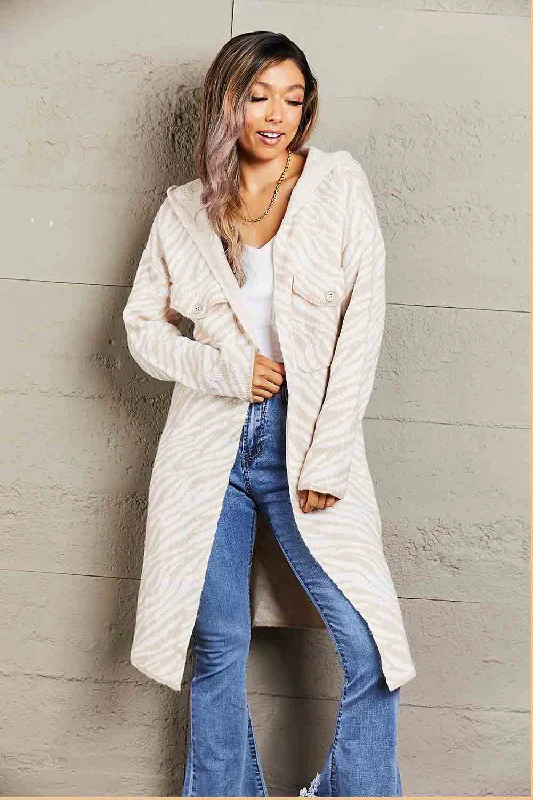 Double Take Printed Open Front Hooded Longline Cardigan Open Front Closed Front Wrap Front