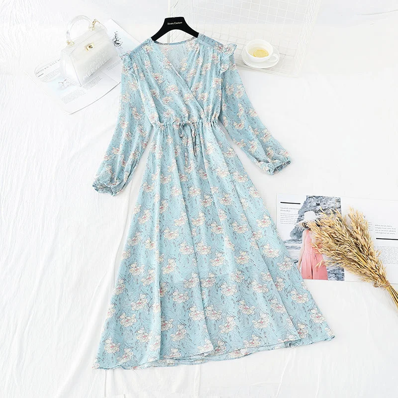Vintage aging flying sleeve V-neck Chiffon Skirt  3849 denim skirt durable
