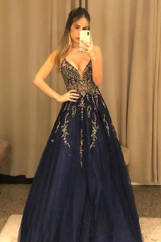 V Neck Line Sexy Party Dress Navy Blue Tulle Long Prom Dress With Beading PSK125 Tunics Leisure comfortable