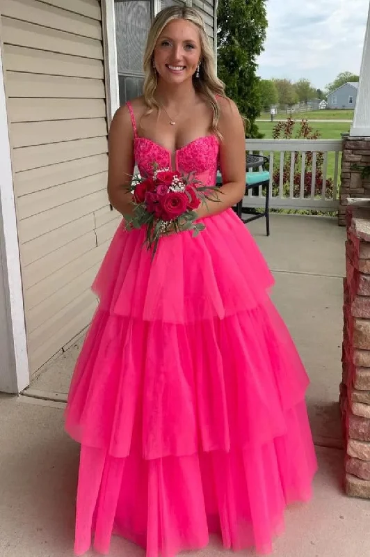 Straps Layered Tulle Hot Pink Long Prom Dress Party Dress PSK627 Tunics Floral girly