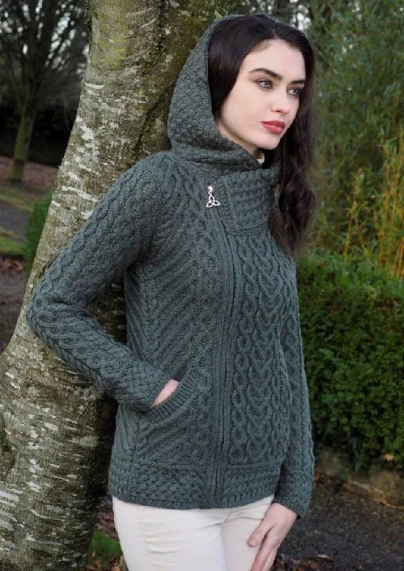 Aran Crafts Side Zip Hooded Cardigan | Green Mesh Cardigan Canvas Denim
