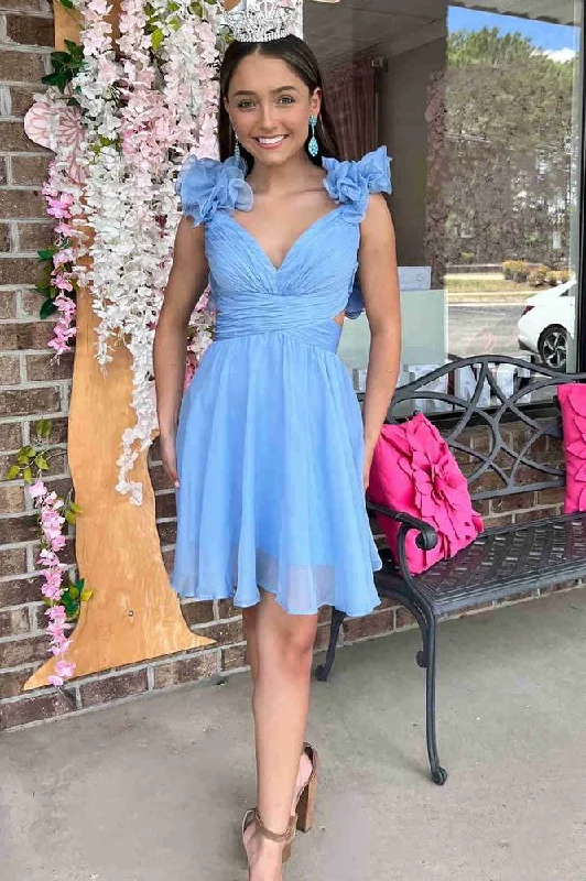Jill | V-Neck Sky Blue Pleated A-Line Party Dress Tunics Summer linen