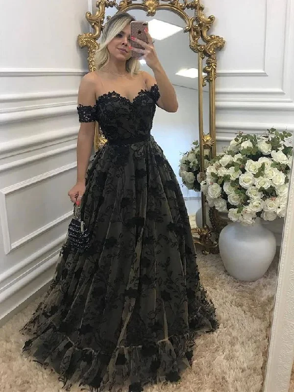 Off Shouler Black Lace Long Prom Dress with Appliques Formal Evening Party Dress,DP810 Tunics Party sparkling