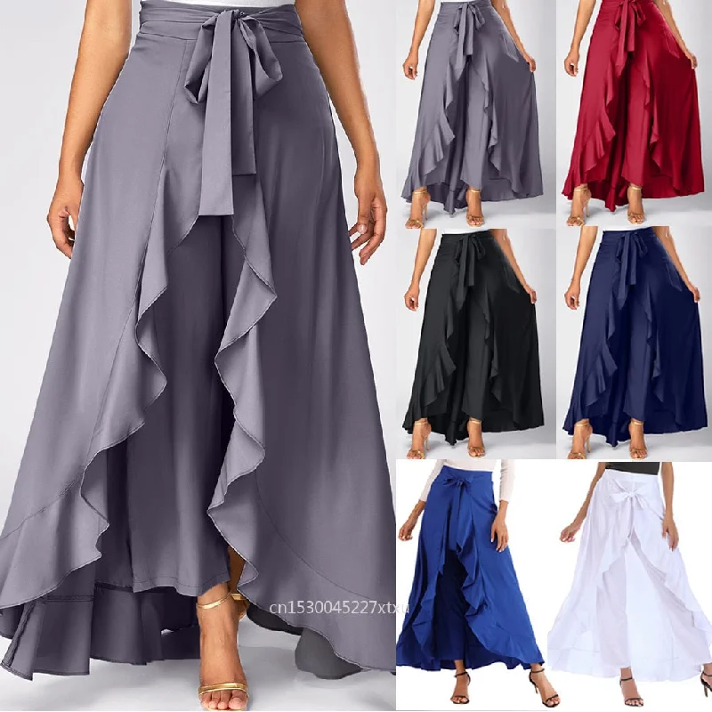 Dress Pants Short Front Long Back Party Skirt Irregular High Low Side Zipper Tie casual Wild Front Overlay Pants Ruffle Dropship Fashionable Button-Up Pants