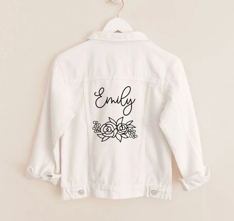 Custom Bridal Floral White Jean Jacket Quilted Jacket Puffer Jacket Insulated Jacket