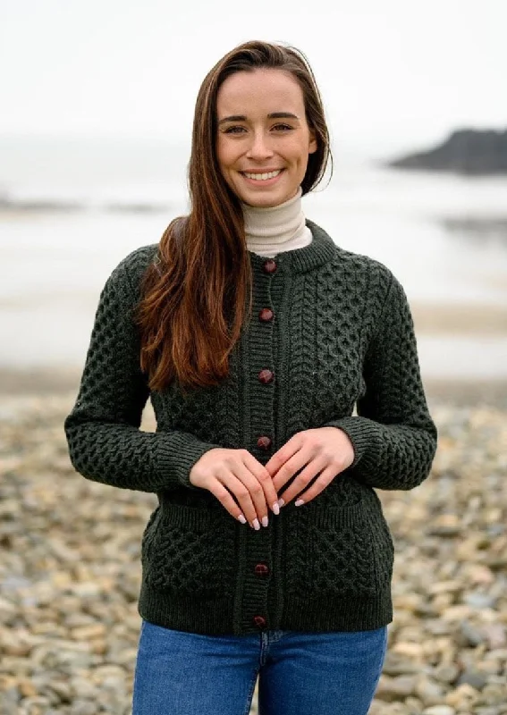 Aran Lumber Cardigan | Army Green Solid Print Embellished