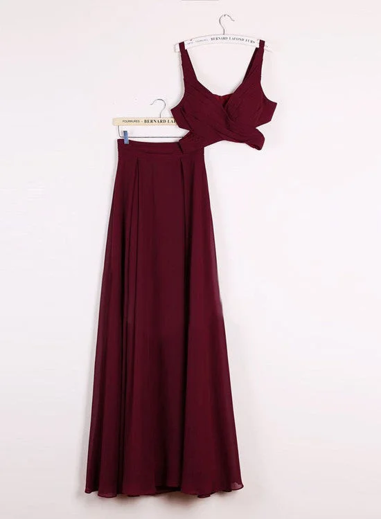 Wine Red Chiffon Two Piece Floor Length Party Dress, Wine Red Prom Gowns, Party Dress 2018 Shift Classic Vintage