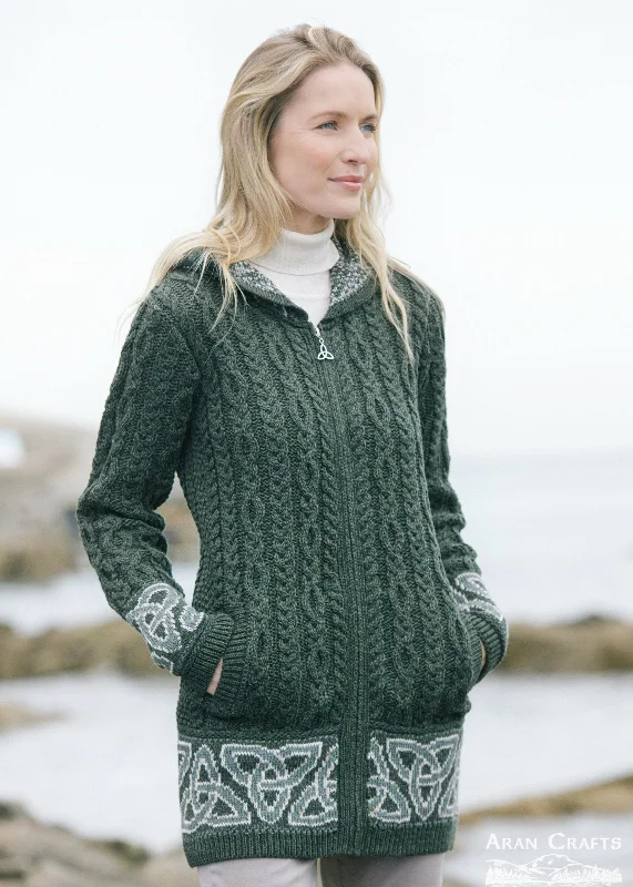 Aran Women's Jacquard Hooded Cardigan | Green Button Cardigan Zip Cardigan Pullover Cardigan