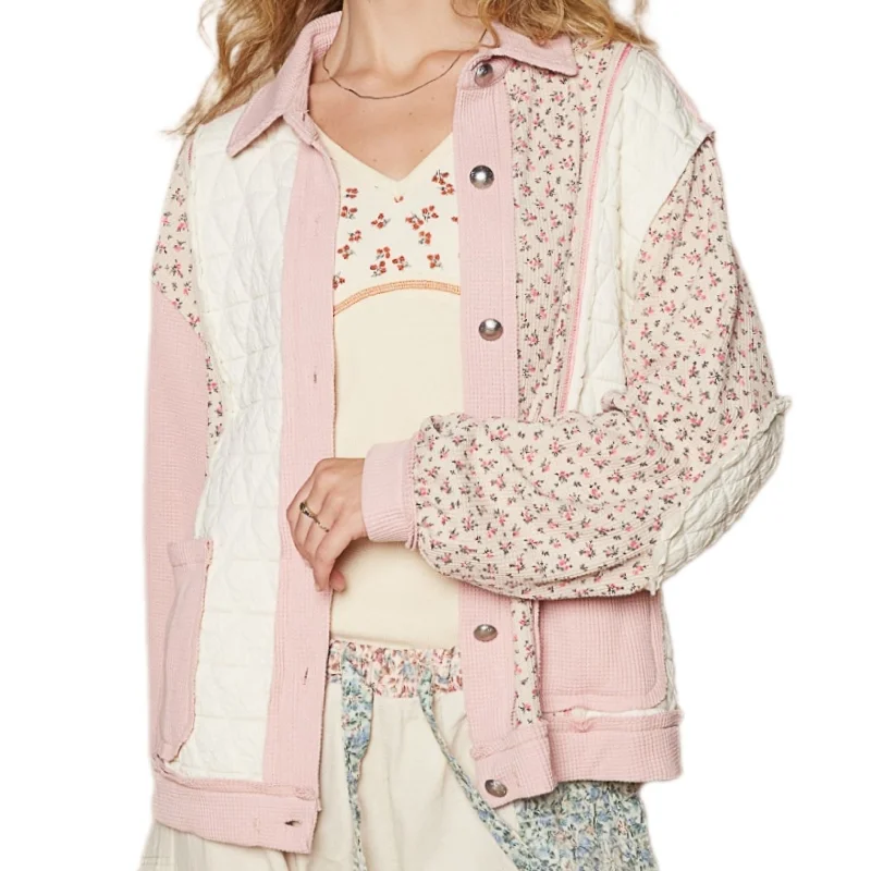 POL Quilted Jacket Patchwork Retro Pink Floral Exposed Seam Patch Pocket Cardigan Elasticated Padded Insulated POL Quilted Jacket Patchwork Retro Pink Floral Exposed Seam Patch Pocket Cardigan Elasticated Padded Insulated