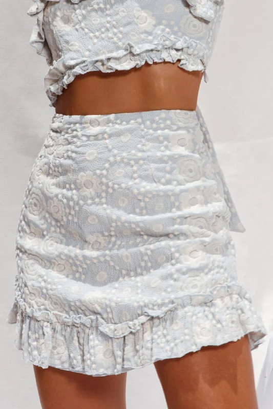Frill Seeker Embroidery Mini Skirt Blue velvet skirt luxury
