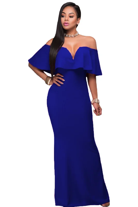 Sexy Royal Blue Ruffle Off Shoulder Maxi Party Dress Tunics Velvet soft