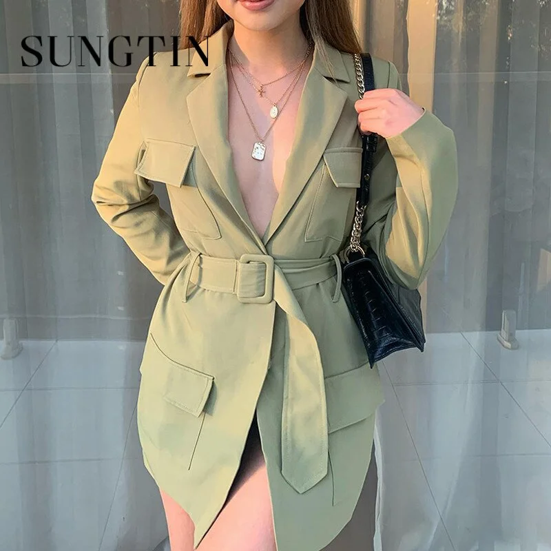 Sungtin 2022 Blazers Jacket Sash Spring Autumn Long  Sleeve Oversized Blazers Office Lady Chic Pocket Casual Clothings Toggled Jacket Drawstring Jacket Belted Jacket